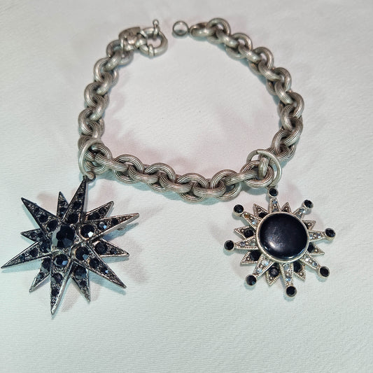 1970s Vintage Silver Tone Metal Chain Bracelet with Black Rhinestone Star Charms signed SR
