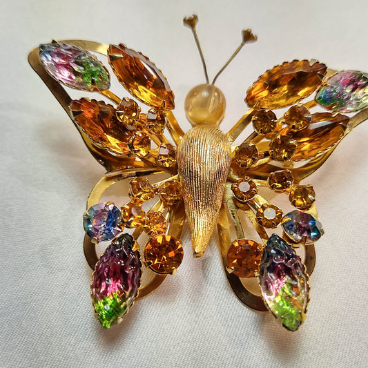 1950's Vintage Gold Tone Metal and Multi-colored Rhinestone Butterfly Pin by Sellini