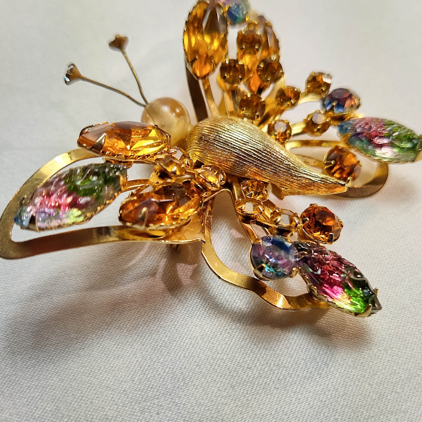 1950's Gold Tone Metal and Multi-colored Rhinestone Butterfly Pin by Sellini