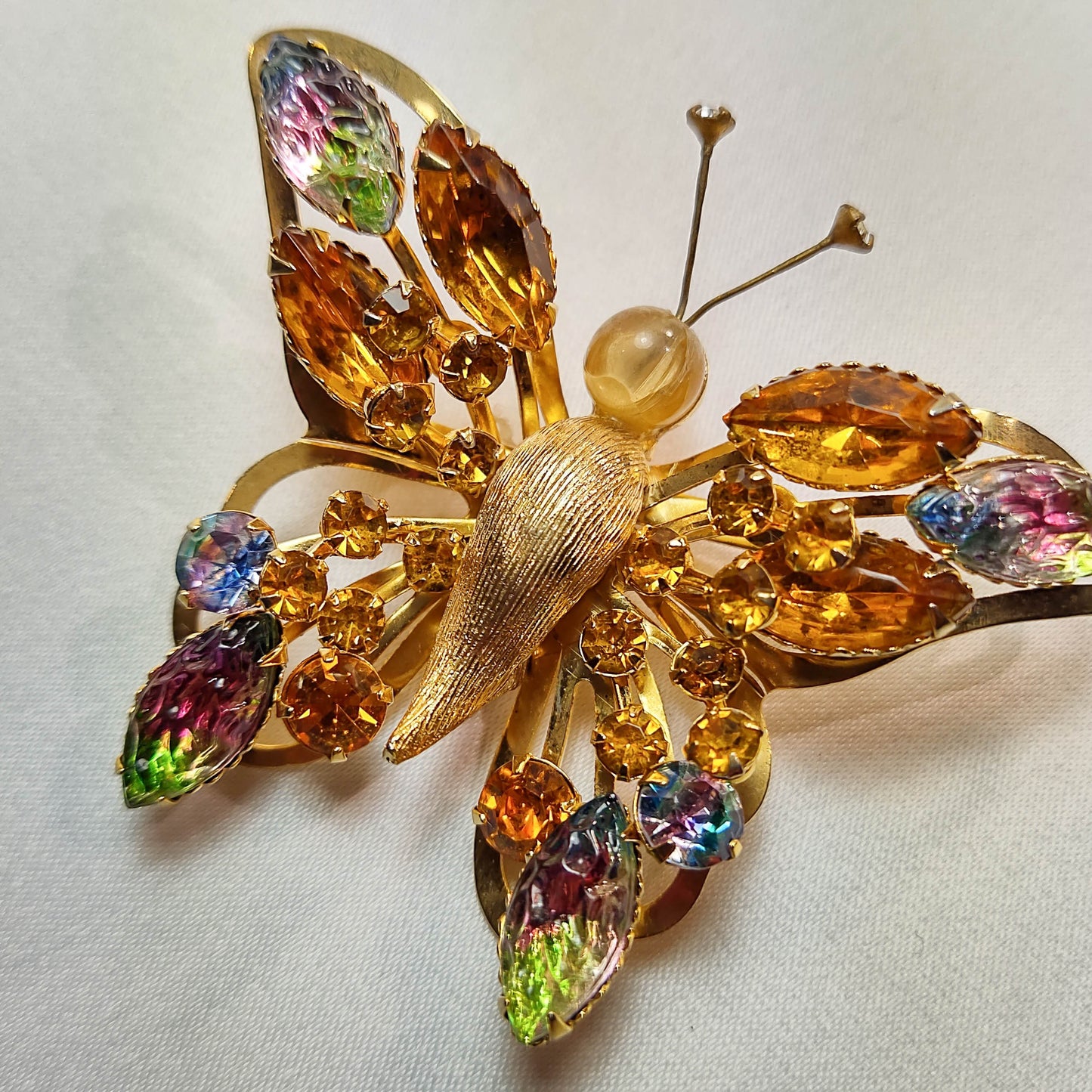 1950's Gold Tone Metal and Multi-colored Rhinestone Butterfly Pin by Sellini
