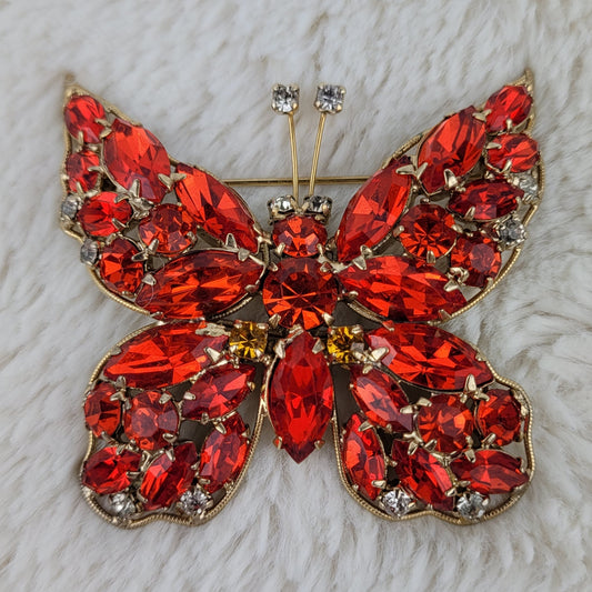 1950's Vintage Red Orange Rhinestone Butterfly Pin by LaRoca