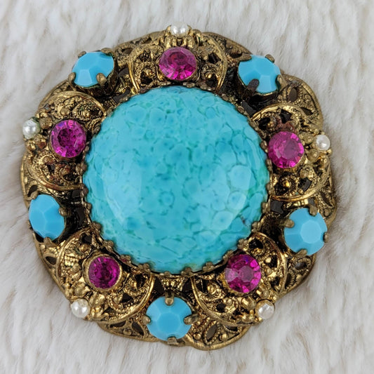1960's Vintage Turquoise and Rhinestone Gold Tone Metal Filigree Brooch