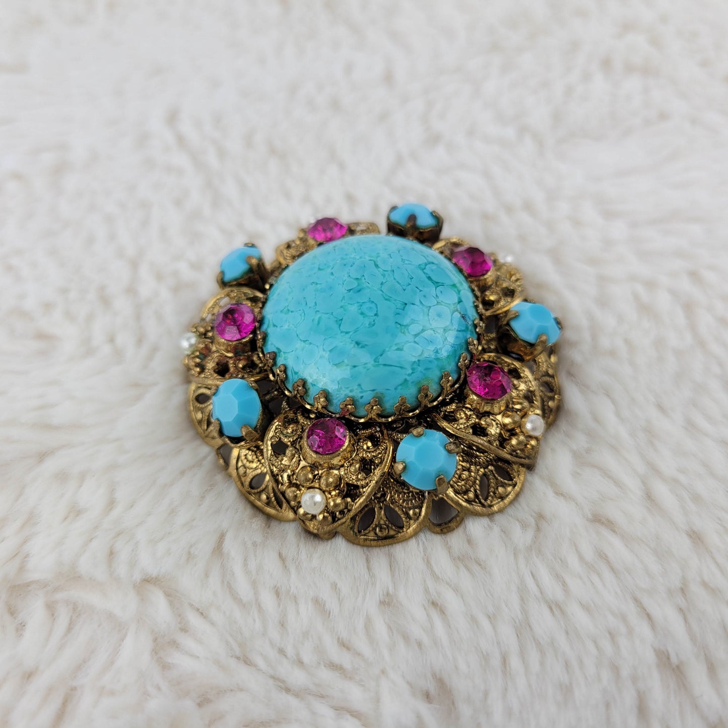 1960's Turquoise and Rhinestone Gold Tone Metal Filigree Brooch