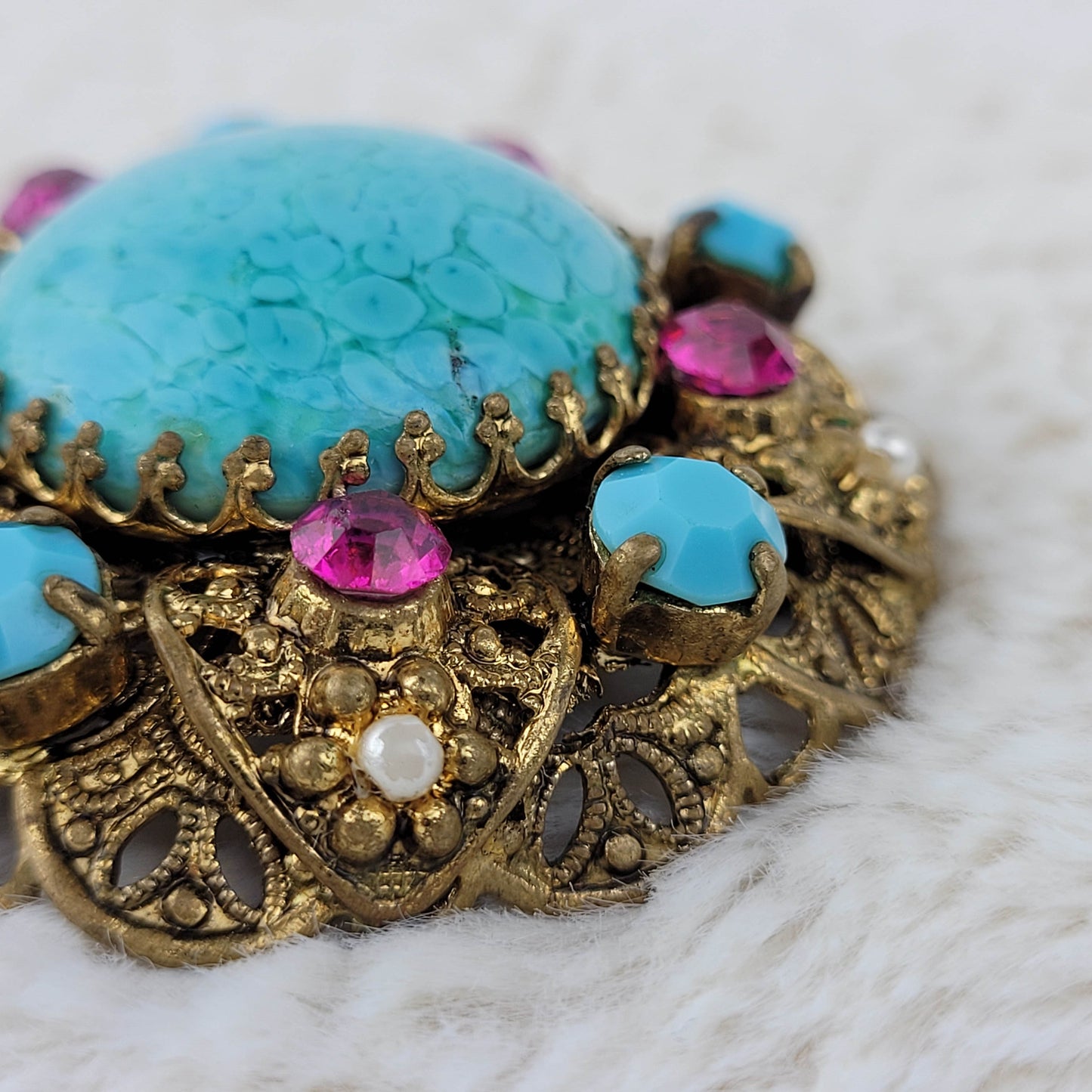 1960's Turquoise and Rhinestone Gold Tone Metal Filigree Brooch
