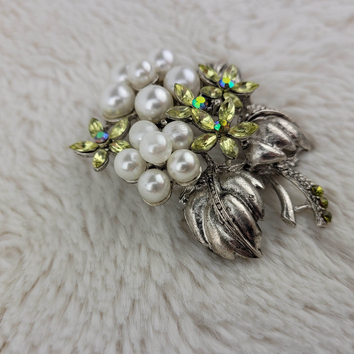 1950's Silver Leaf Green Rhinestone Cluster Pin by RMN