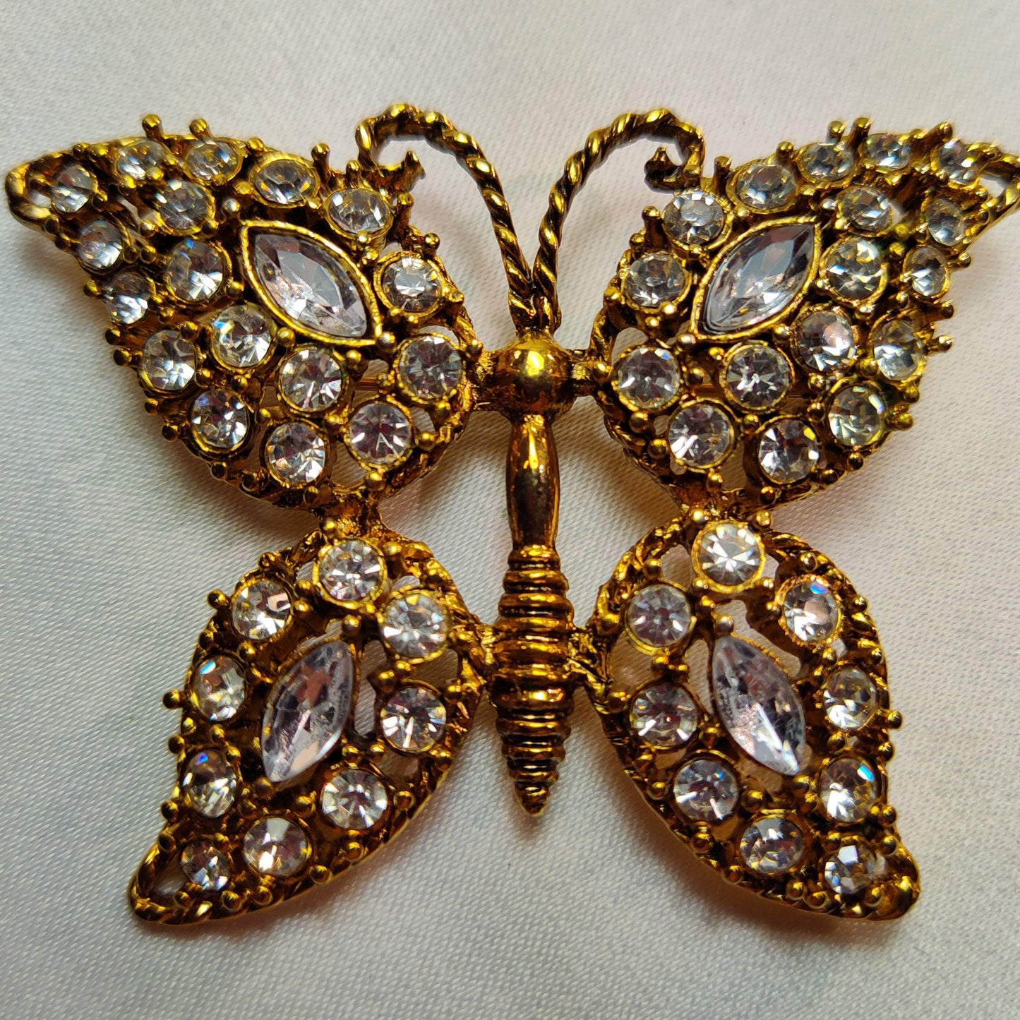 1950's Gold Tone Metal and Clear Rhinestone Butterfly Pin