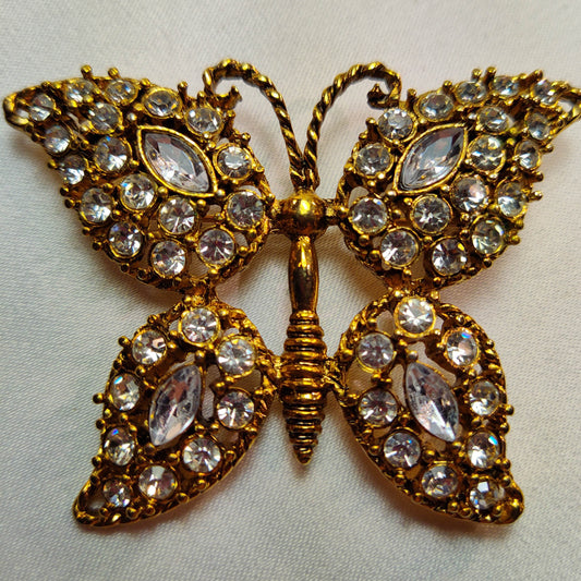 1950's Vintage Gold Tone Metal and Clear Rhinestone Butterfly Pin