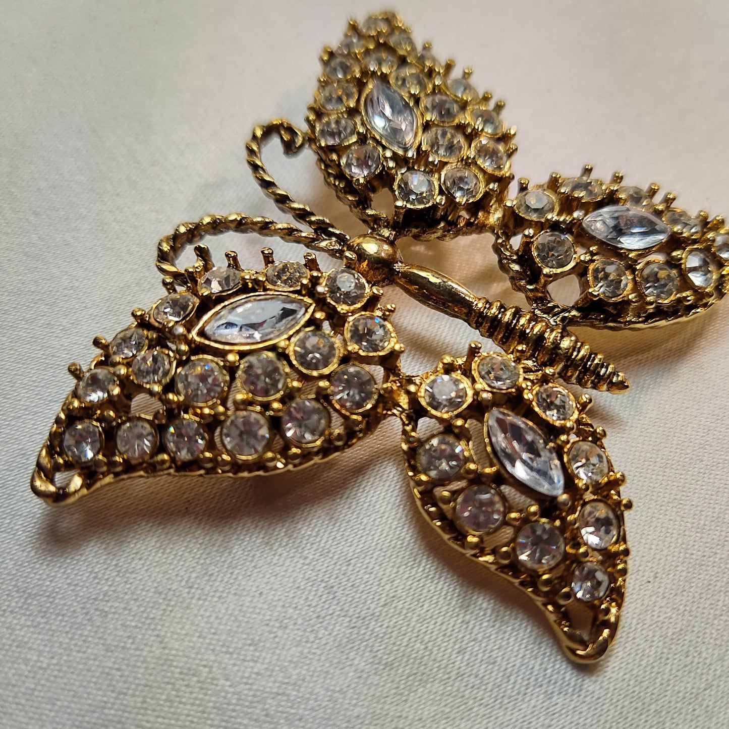 1950's Gold Tone Metal and Clear Rhinestone Butterfly Pin