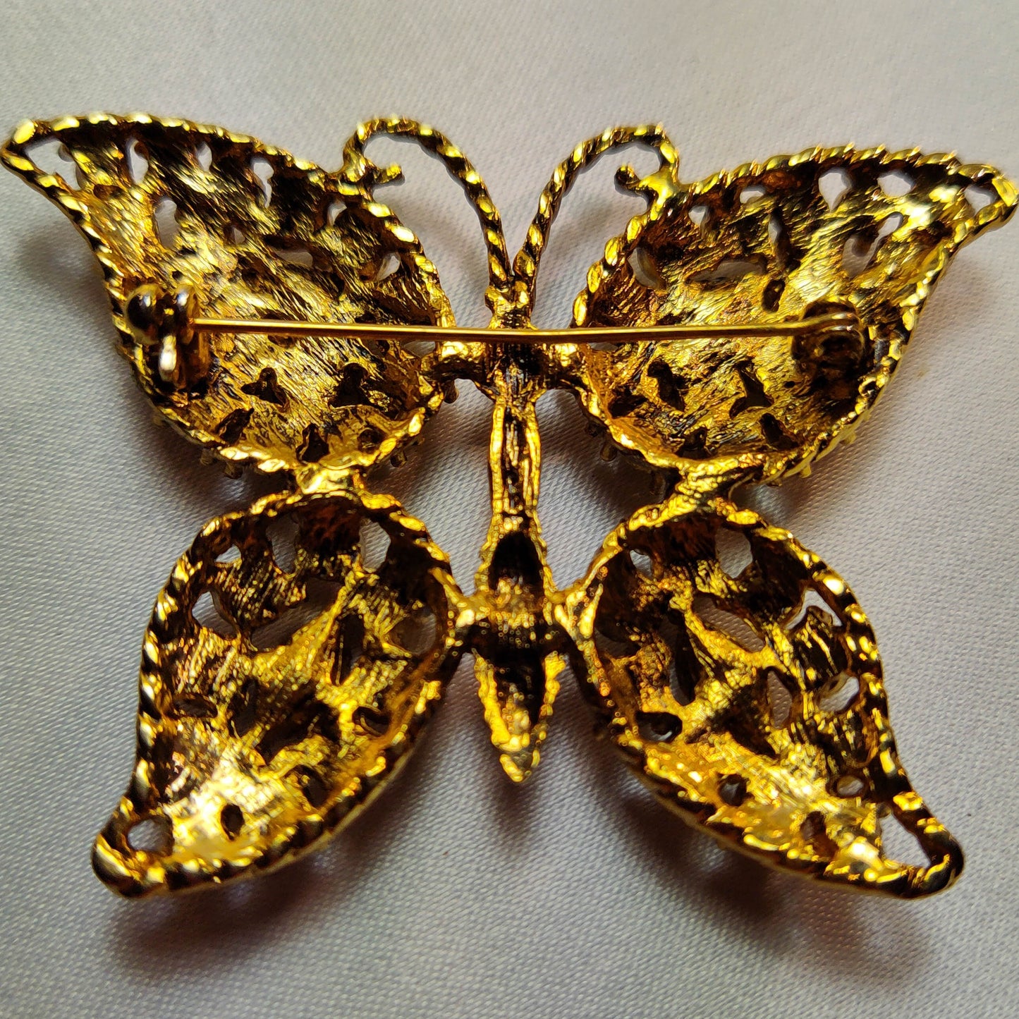 1950's Gold Tone Metal and Clear Rhinestone Butterfly Pin