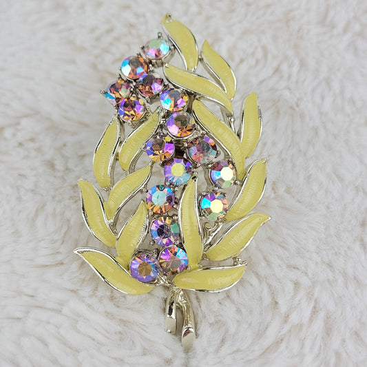 1950's Vintage Aurora Borealis and Yellow Enamel Leaf Pin
