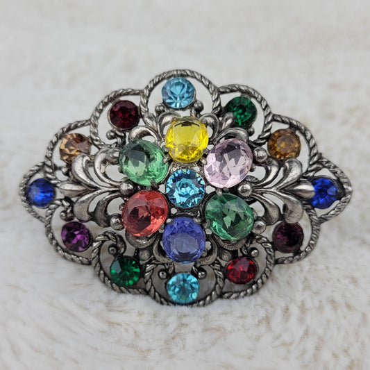 1940's Vintage Multi-colored Large Open Back Rhinestone Brooch