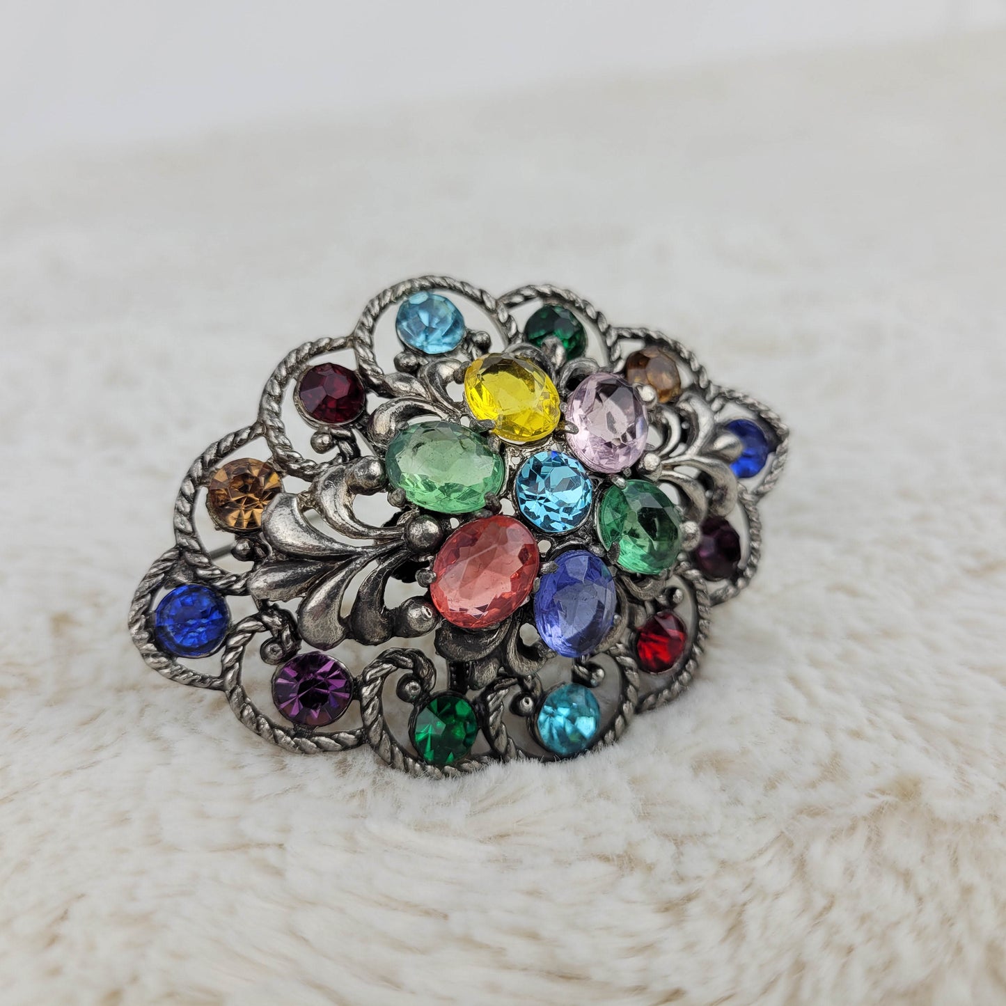 1940's Multi-colored Large Open Back Rhinestone Brooch