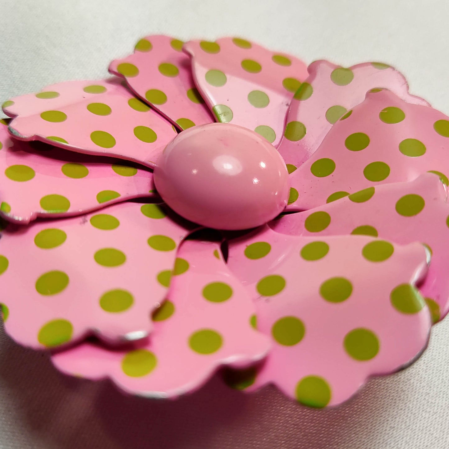 1950's Vintage Pink with Green Polka Dot Enamel Flower Pin