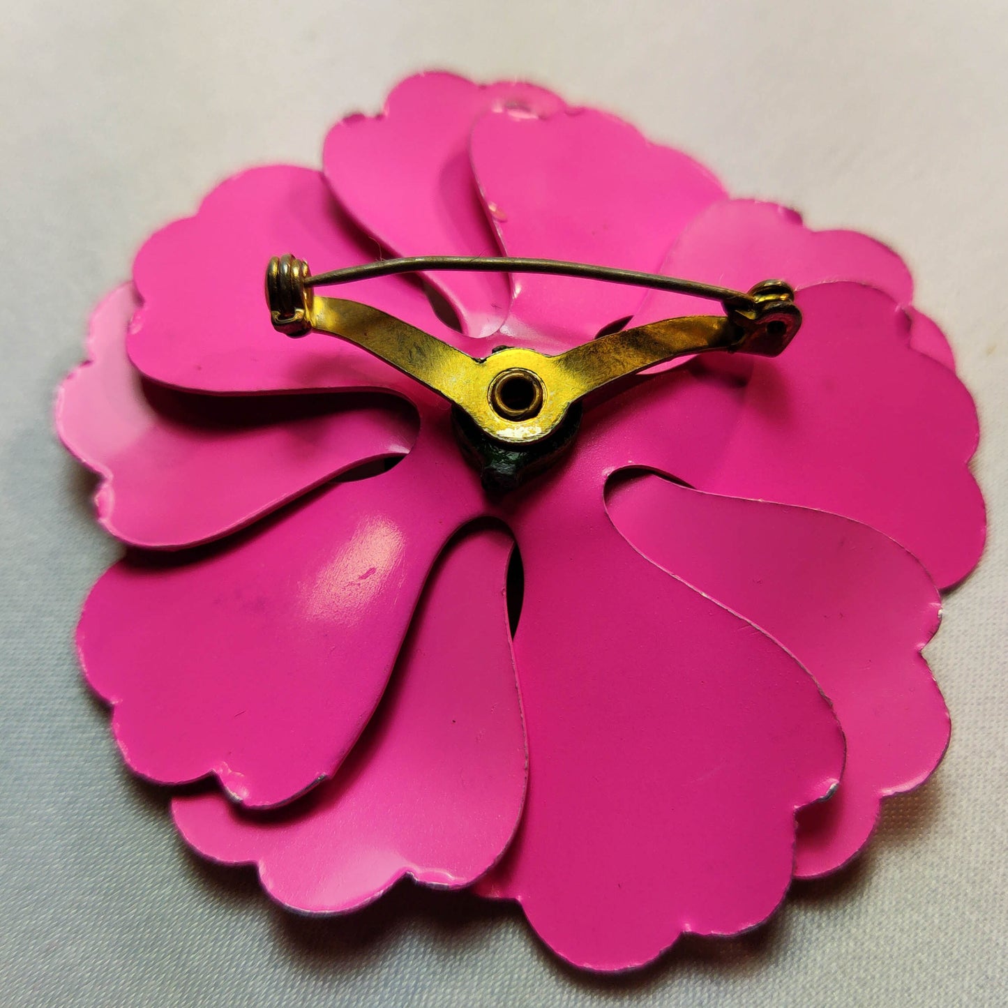 1950's Vintage Pink with Green Polka Dot Enamel Flower Pin