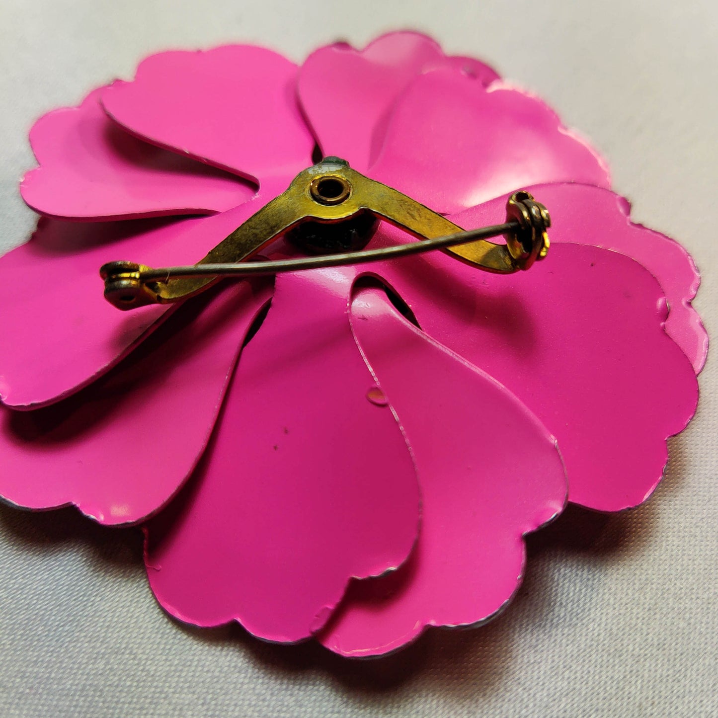 1950's Vintage Pink with Green Polka Dot Enamel Flower Pin