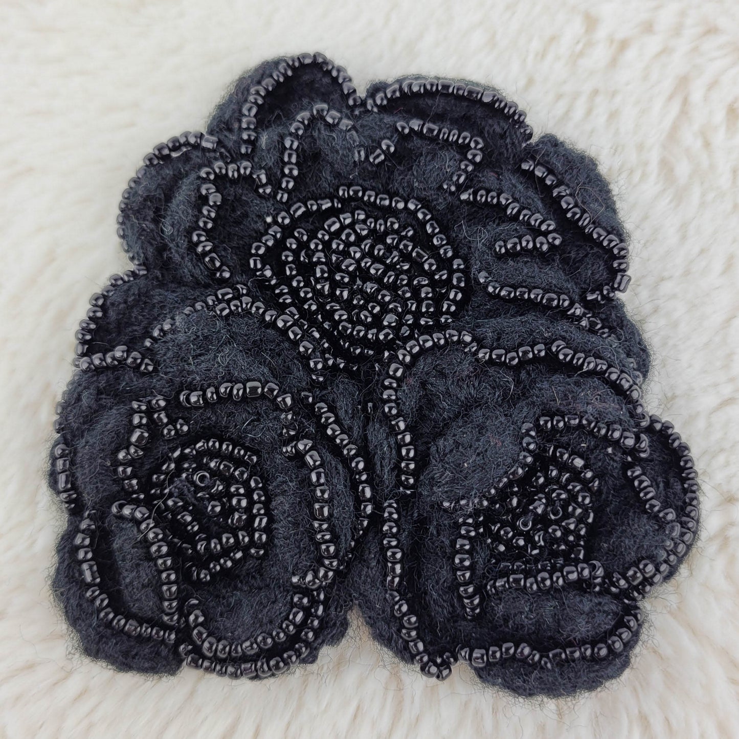 1960's Black Cashmere Beaded Hand Knit Flower Pin