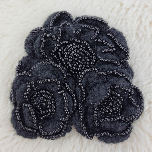 1960s Vintage Pin with Black Cashmere Beaded Hand Knit Flower