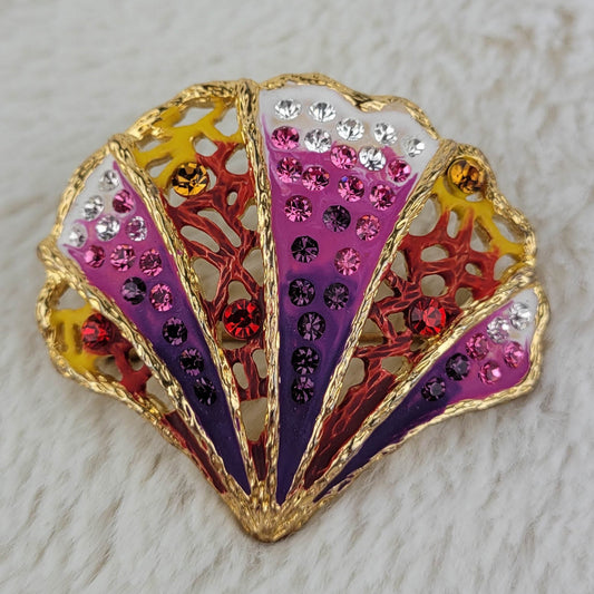 1960's Vintage Enamel, Rhinestones, and Gold Tone Metal Multi-Colored Fan Pin