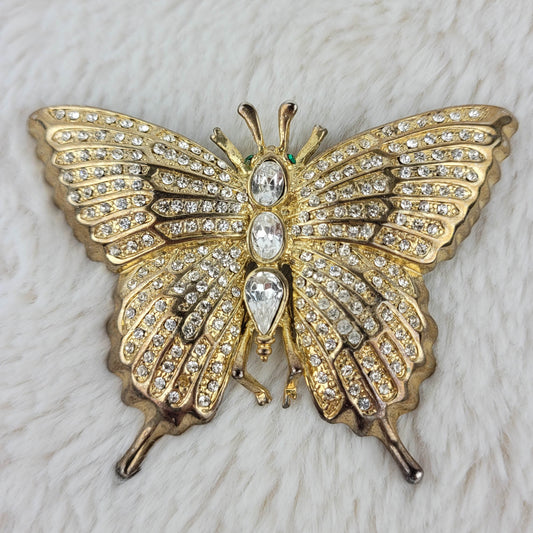 1960's Vintage Gold Tone Metal and Clear Rhinestone Butterfly Pin