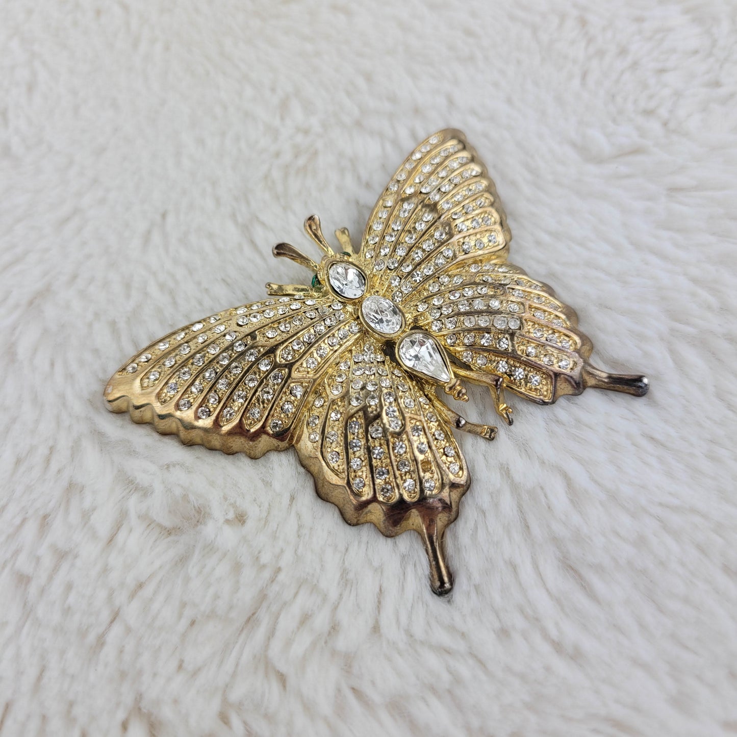 1960's Gold Tone Metal and Clear Rhinestone Butterfly Pin