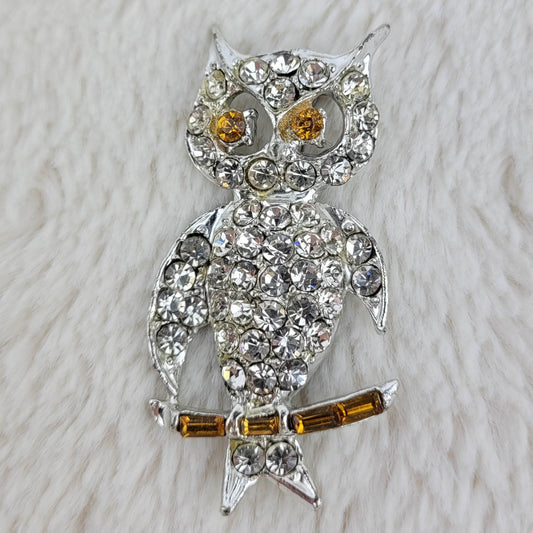 1960's Vintage Clear and Amber Rhinestone Owl Pin