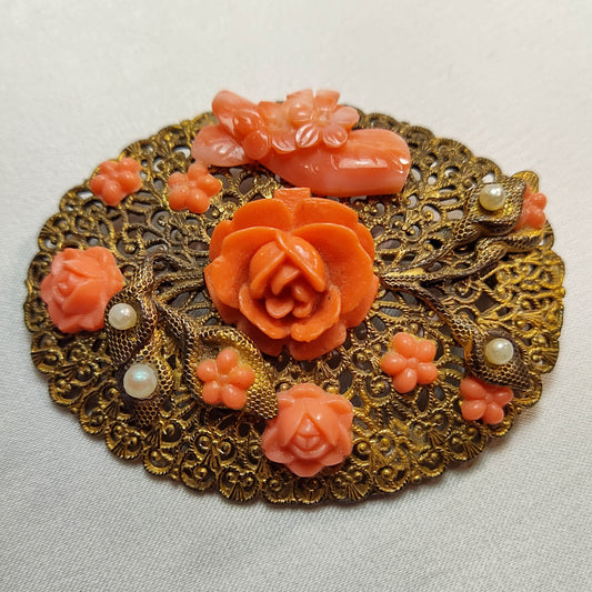 1930's Vintage Gold Tone Metal Filigree with Pink/Orange Bakelite Roses