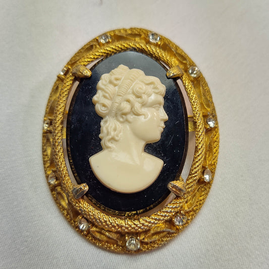 1940s Vintage Cameo Pin White on Black Lucite with Rhinestones