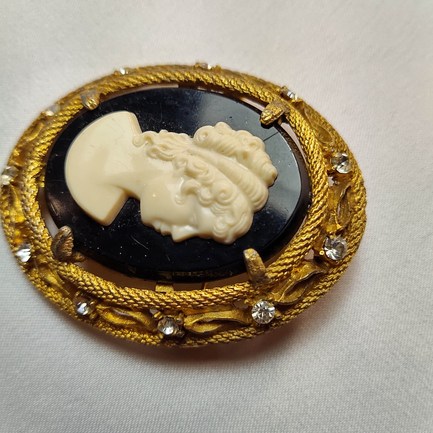 1940's Black and White Lucite Cameo Pin with Rhinestones