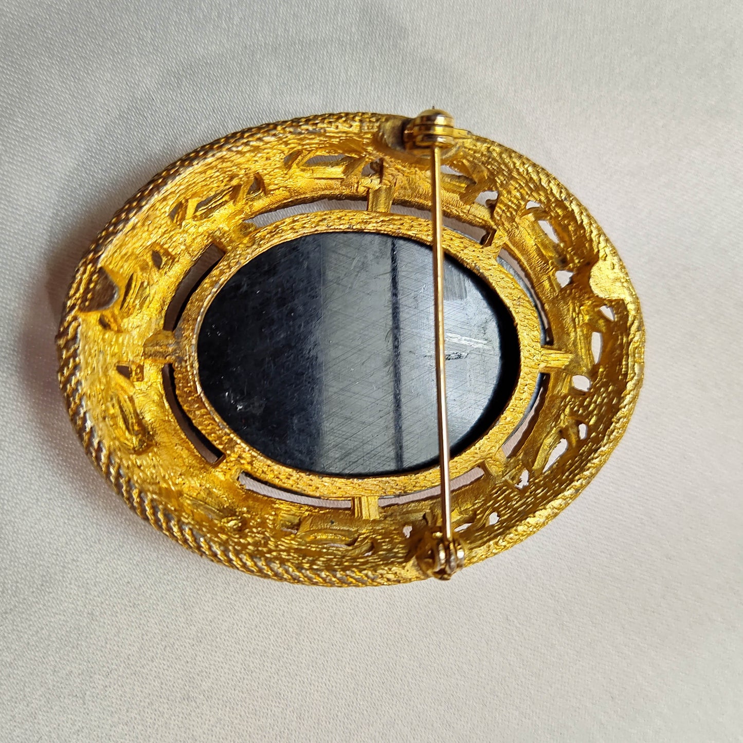1940's Black and White Lucite Cameo Pin with Rhinestones