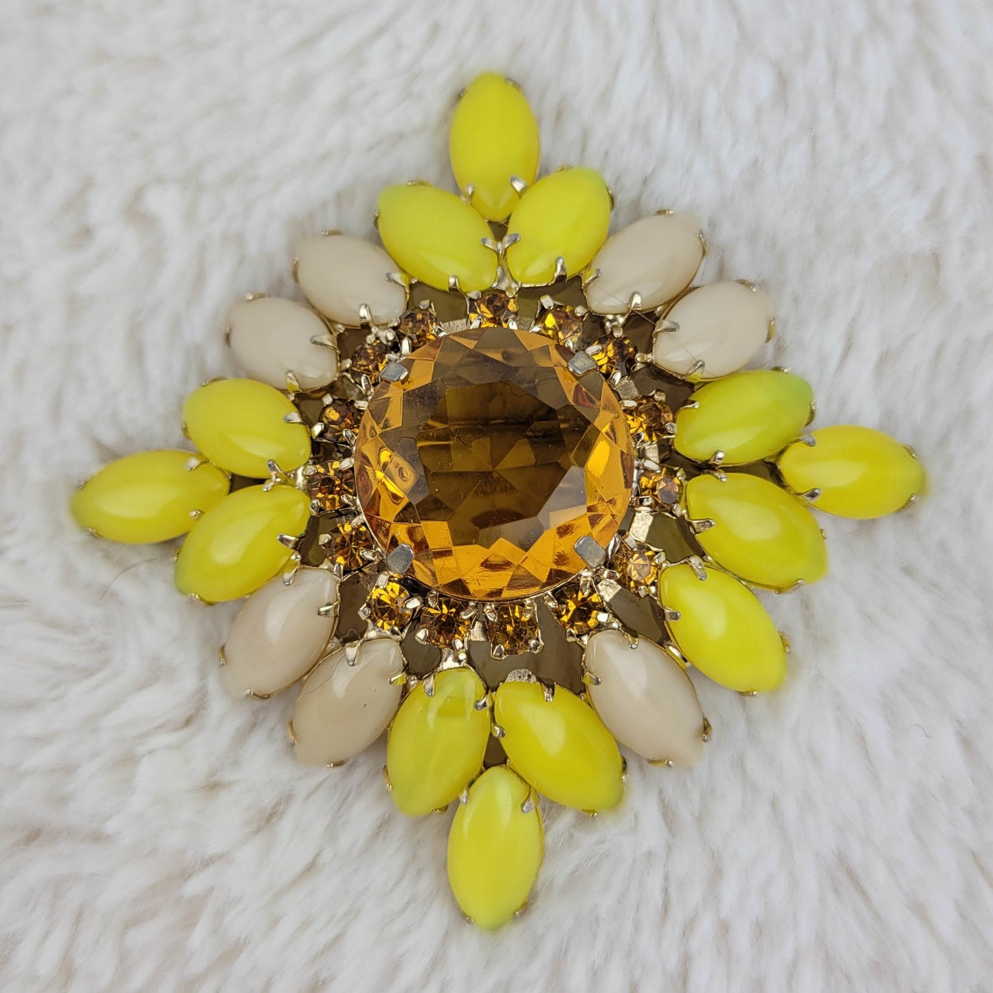 1950's Bronze and Yellow Rhinestone Pin with an Amber Glass Center Cut