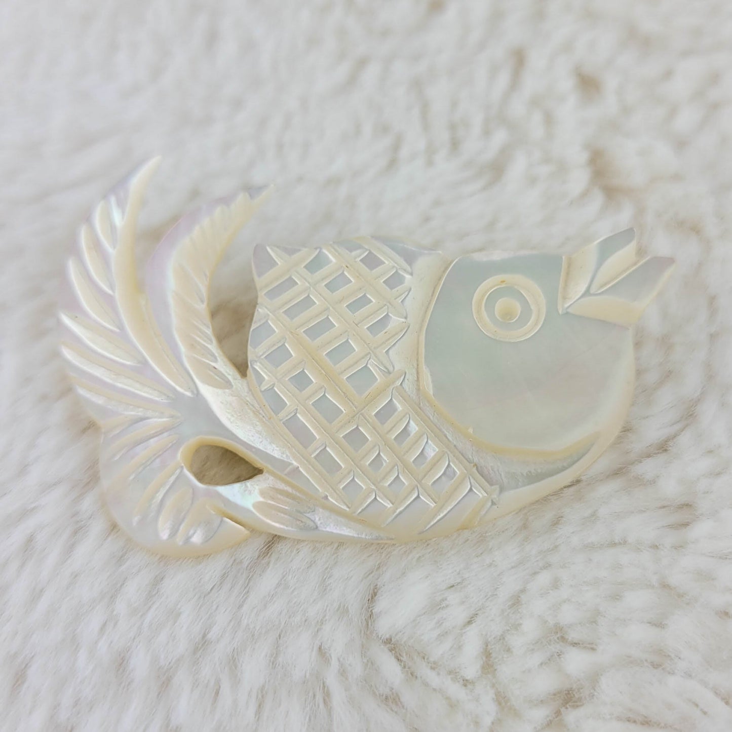 1970's Mother of Pearl Kissing Fish Pin Made in Bethlehem