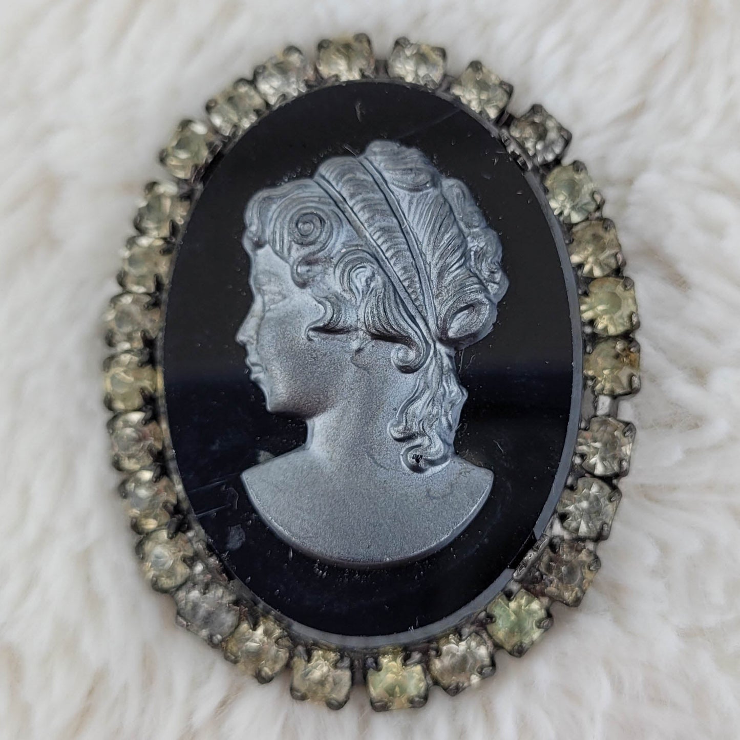 1950's Slate Gray and Black Cameo Pin Outlined with Rhinestones