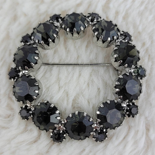 1950's Vintage Dark Gray Rhinestone Circle Pin