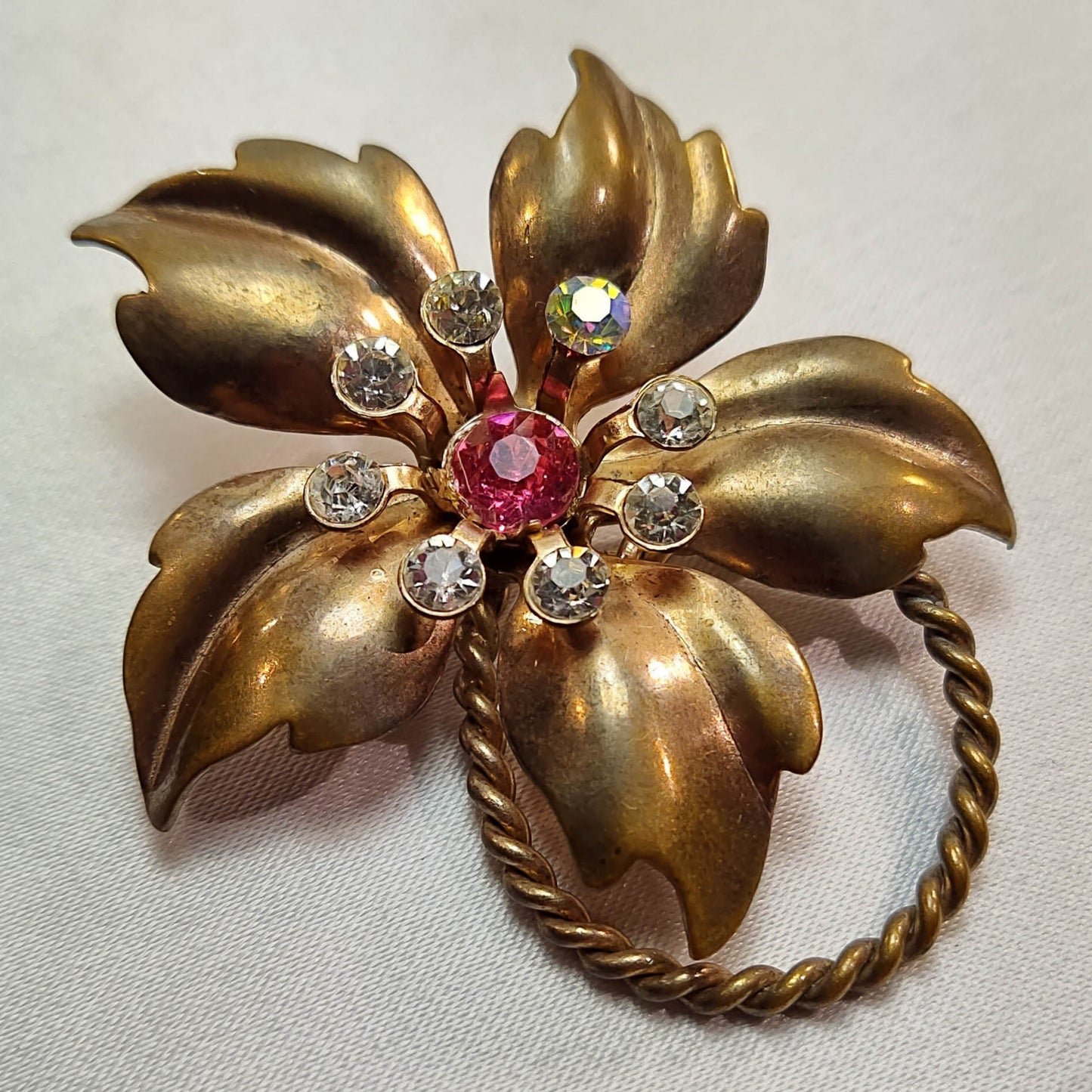 1970's Copper Tone Metal Flower Pin with a Pink Center Rhinestone