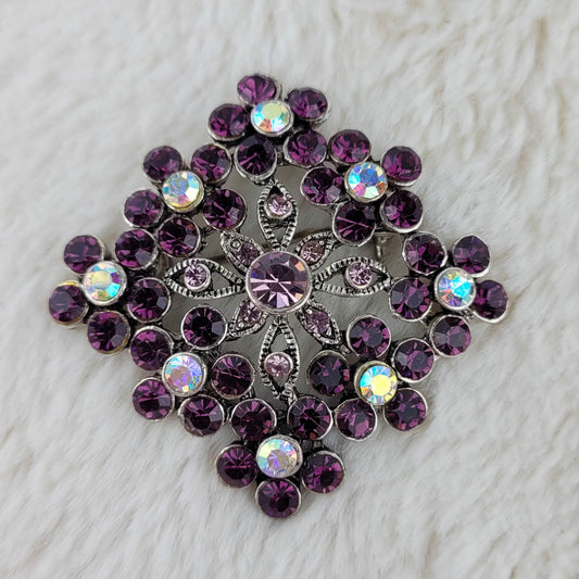 1970's Vintage Silver Tone Filigree and Aurora Borealis Square Flower Pin with Purple Rhinestones