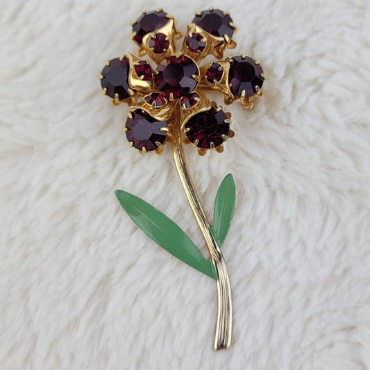 1950's Vintage Red Rhinestone and Green Enamel Flower Pin