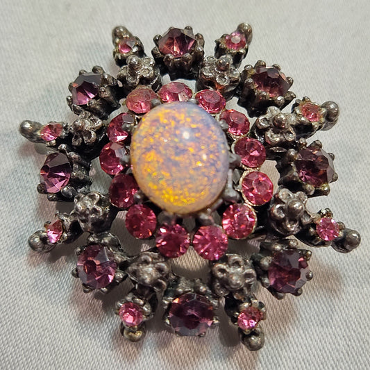 1950s Vintage Brooch with Pink and Plum Rhinestones and a Center Fire Opal by Coro