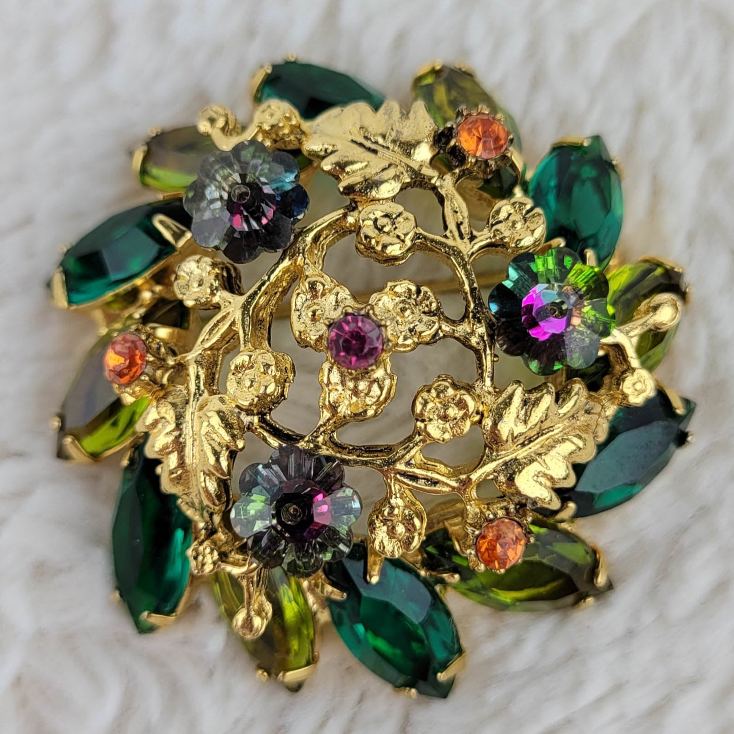 1950's Gold Tone Metal and Multi-colored Rhinestone Circular Pin