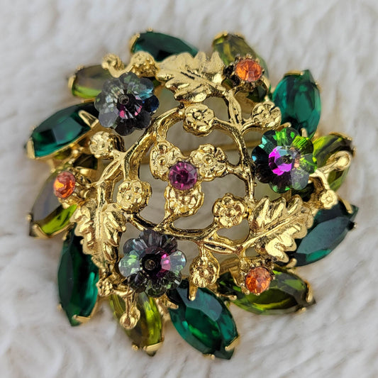 1950's Vintage Gold Tone Metal and Multi-colored Rhinestone Circular Pin