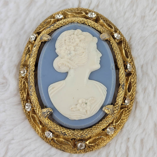 1960's Vintage White on Pale Blue Cameo with Gold Tone Metal Frame Pin