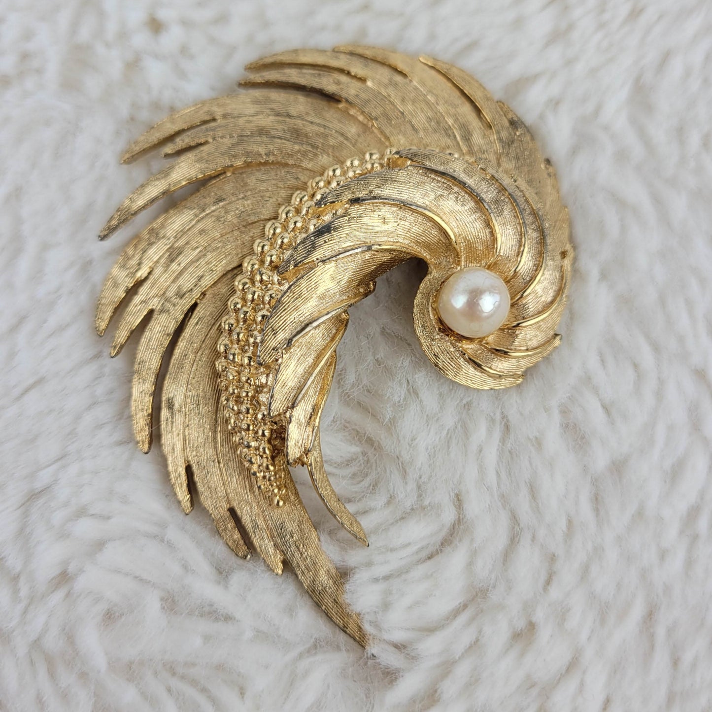 1950's Gold Tone Metal Swirl Pin with Real Pearl Signed by Boucher