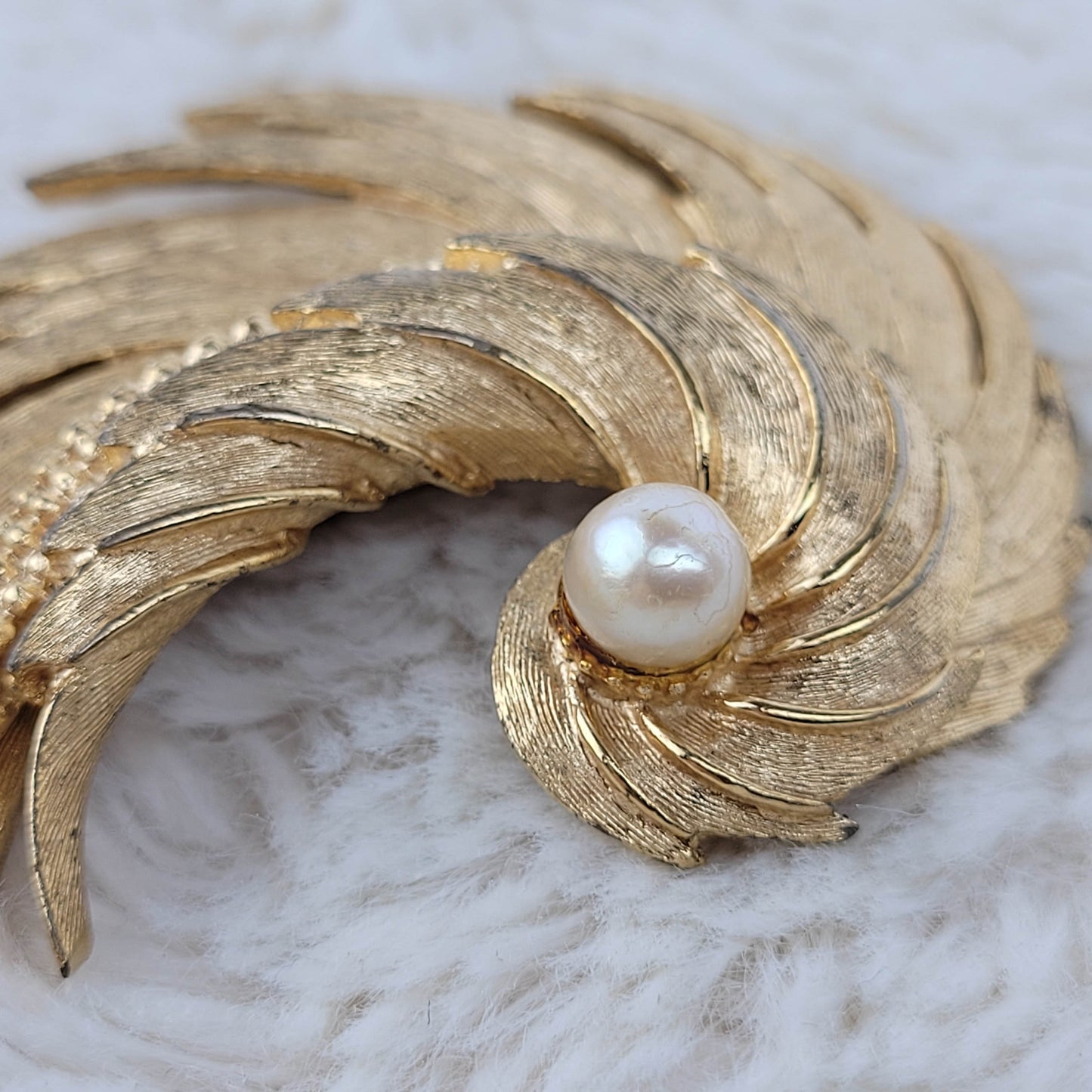 1950's Gold Tone Metal Swirl Pin with Real Pearl Signed by Boucher