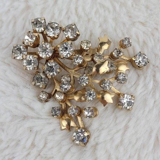 1950s Vintage Gold Tone Flower and Clear Rhinestone Spray Pin