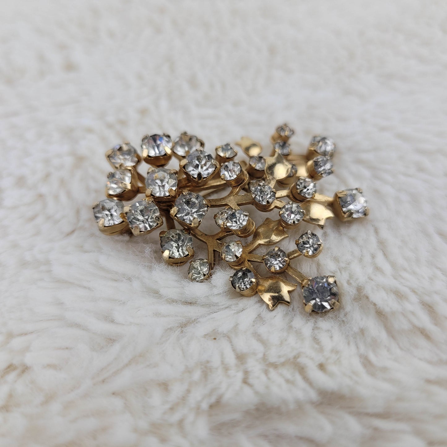 1950's Gold Tone Flower and Clear Rhinestone Spray Pin