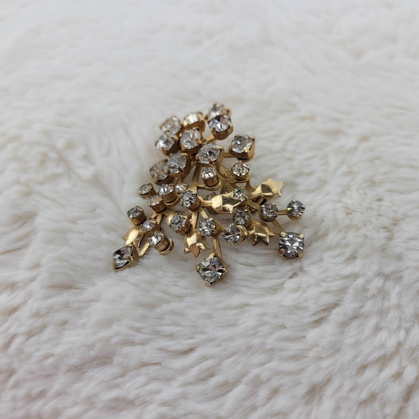 1950's Gold Tone Flower and Clear Rhinestone Spray Pin