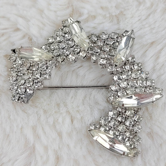 1950's Vintage Clear Rhinestone Crescent Pin by Weiss