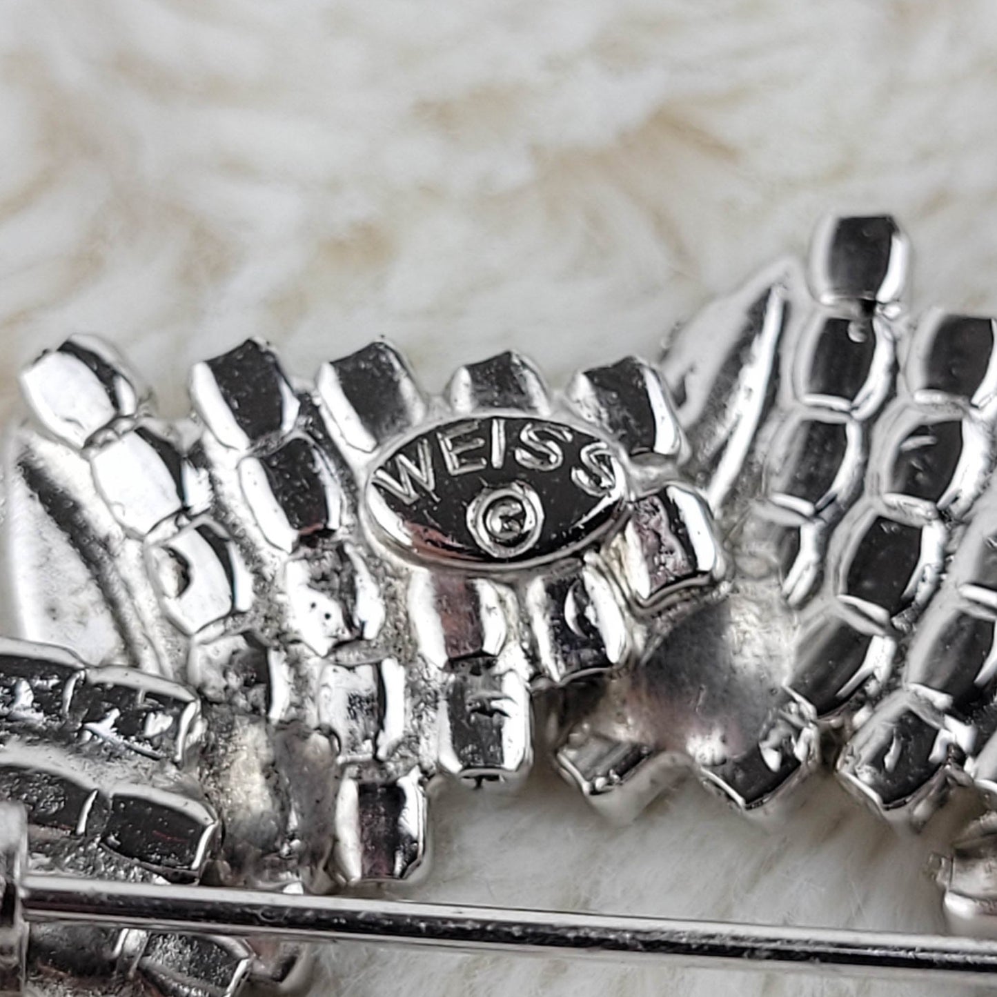 1950's Vintage Clear Rhinestone Crescent Pin by Weiss