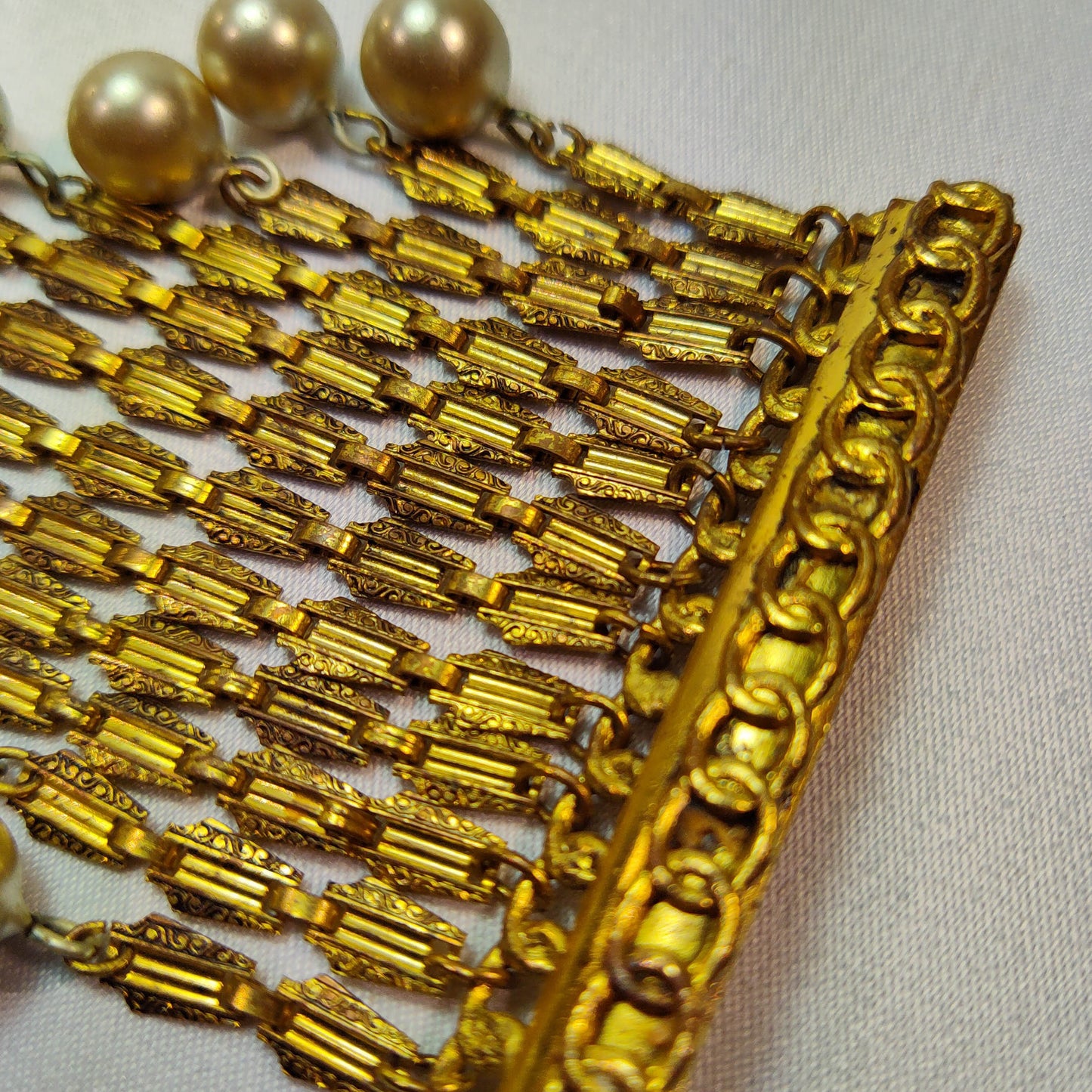 1940's Gold Tone Metal Rectangular Chain Dangle Pin with Pearl Beads