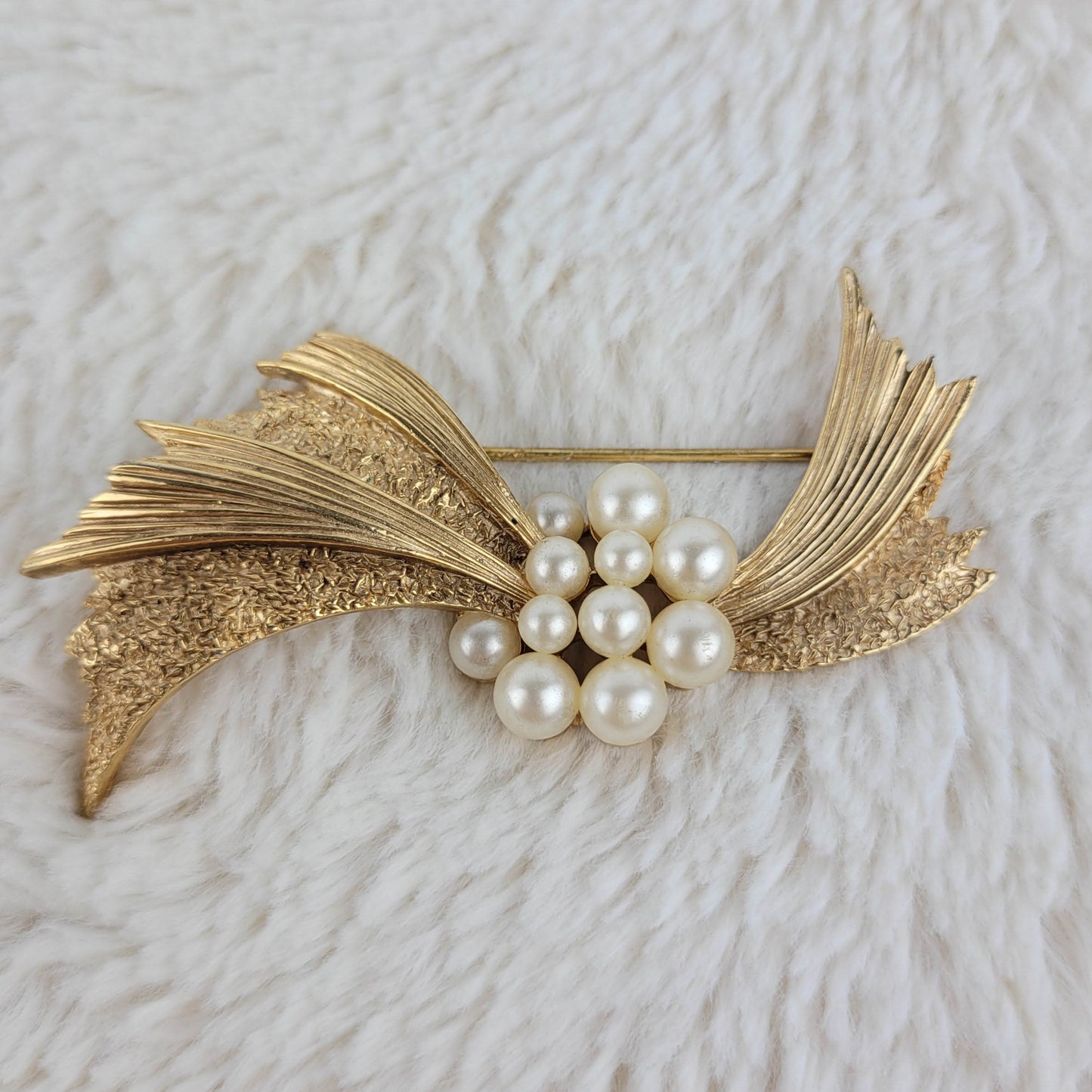 1950's Gold Tone Metal Pin with Faux Pearls by Trifari
