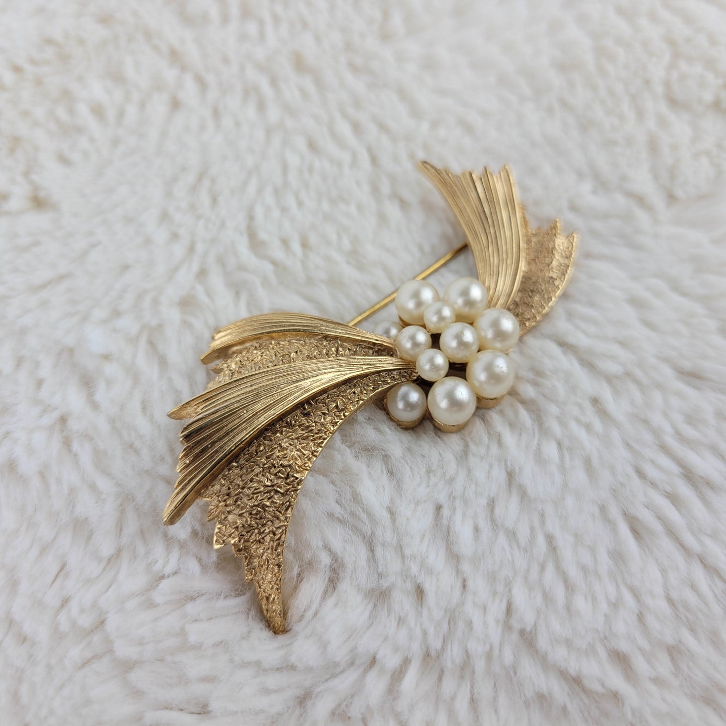 1950's Gold Tone Metal Pin with Faux Pearls by Trifari